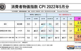消費者物価指数（CPI Consumer Price Index・2022年 令和4年 5月分）  総合指数 2.5％、生鮮食品を除く総合 コアCPI 2.1％、生鮮食品及びエネルギーを除く総合 新コアコアCPI 0.8％・Japan as Number Forty One Vol.12 「日本がのりのりまさのりダンスを踊る日」