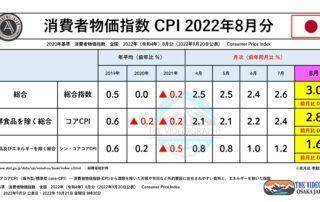 消費者物価指数（CPI） 総合指数 3.0％ 新コアコアCPI 1.6% ※2022年8月分 消費者物価指数（CPI Consumer Price Index・2022年 令和4年 8月分） 総合指数 3.0％、生鮮食品を除く総合 コアCPI 2.8％、生鮮食品及びエネルギーを除く総合 新コアコアCPI 1.6％ ・Japan as Number Forty One Vol.35 : Lessons for Japan （ジャパン・アズ・ナンバーフォーティワン 日本への警告） ・日本が「のりのりまさのりダンス」を踊る日・失われた30年 1990年～2020年までの日本経済没落の軌跡。成長しない 給料の上がらない 衰退している日本。 【概況】 (1) 総合指数は2020年を100として102.7 前年同月比は3.0％の上昇 前月比(季節調整値)は0.3％の上昇 (2) 生鮮食品を除く総合指数は102.5 前年同月比は2.8％の上昇 前月比(季節調整値)は0.4％の上昇 (3) 生鮮食品及びエネルギーを除く総合指数は100.9 前年同月比は1.6％の上昇 前月比(季節調整値)は0.2％の上昇 