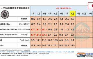 日本・2020年基準 消費者物価指数 ◆総合指数 3.0％ ◆生鮮食品を除く総合 コアCPI 2.6％ ◆生鮮食品及びエネルギーを除く総合 新コアコアCPI 1.6％ ◆総合指数 3.0％ ◆（日本版）シン・コアCPI 2.6％ ◆（日本版）シン・コアコアCPI 1.6％ （≒ 海外型/標準版 core-CPI・食料と燃料/エネルギーを除く） ・生鮮食品 Fresh Food 8.1% ・エネルギー Energy 16.9% ・食料（酒類除く）及びエネルギーを除く総合/core-CPI 0.7% https://videographyosaka.com/cpi-consumer-price-index-202208/