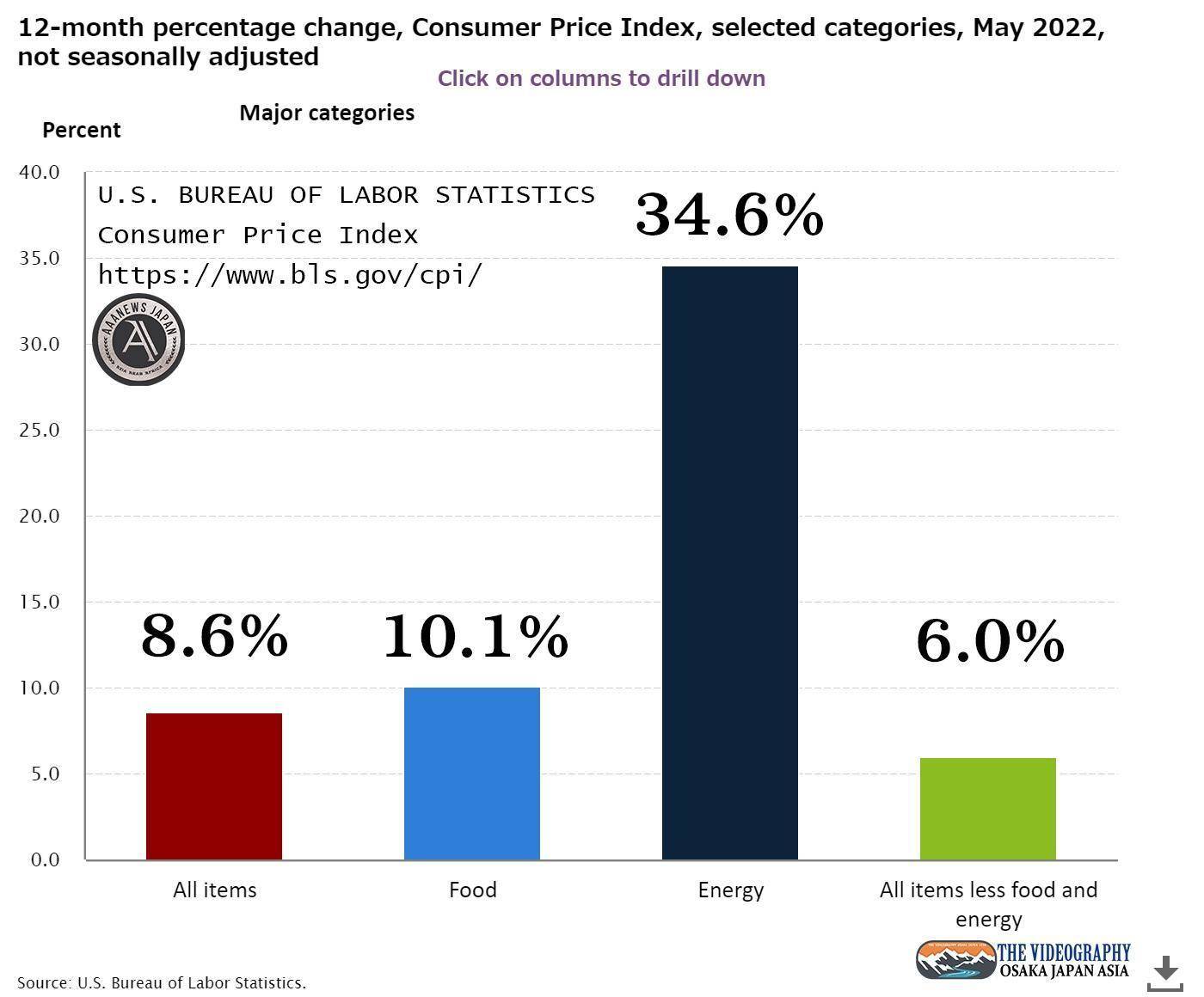 アメリカ 消費者物価指数 CPI・総合指数 8.6%・コアコアCPI（食料品とエネルギーを除く・less food and energy index） 6.0% 