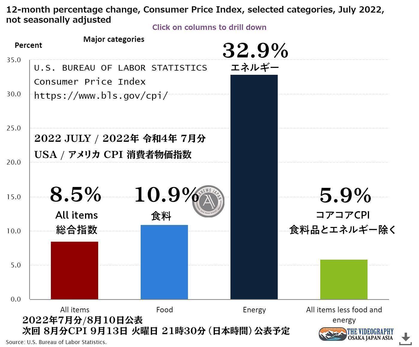 アメリカ 消費者物価指数 CPI CONSUMER PRICE INDEX - JULY 2022 総合指数 8.5%、コアコアCPI（食料品とエネルギーを除く・less food and energy index） 5.9%