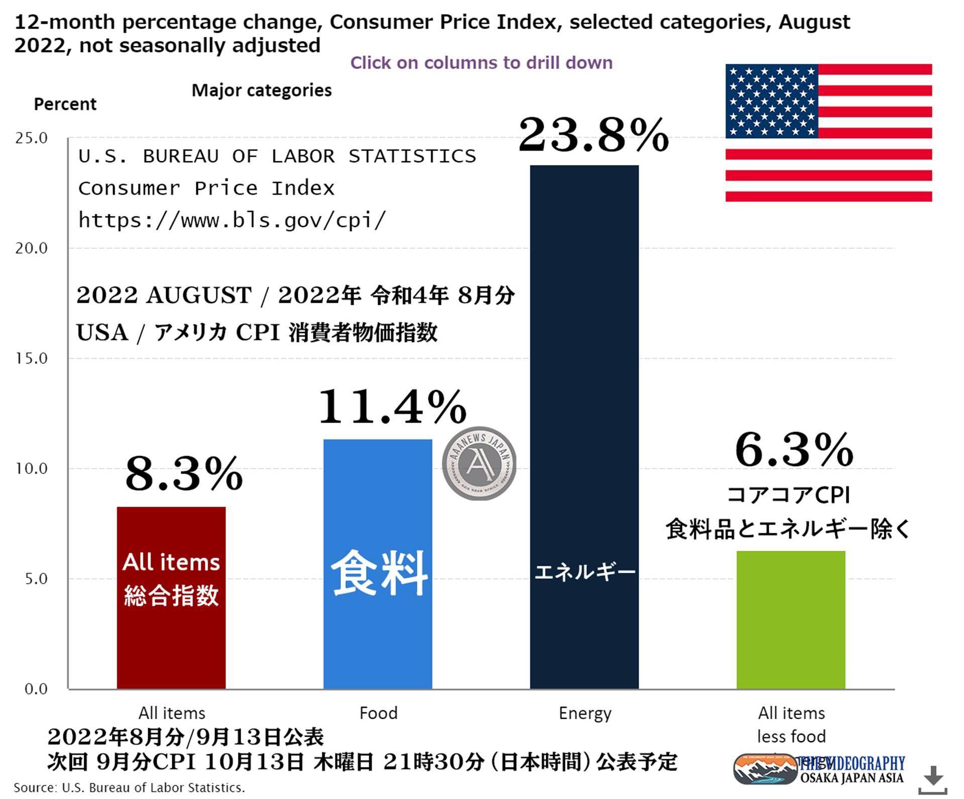 アメリカ 消費者物価指数 CPI CONSUMER PRICE INDEX - AUGUST 2022 総合指数 8.3%、コアコアCPI（食料品とエネルギーを除く・less food and energy index） 6.3%
