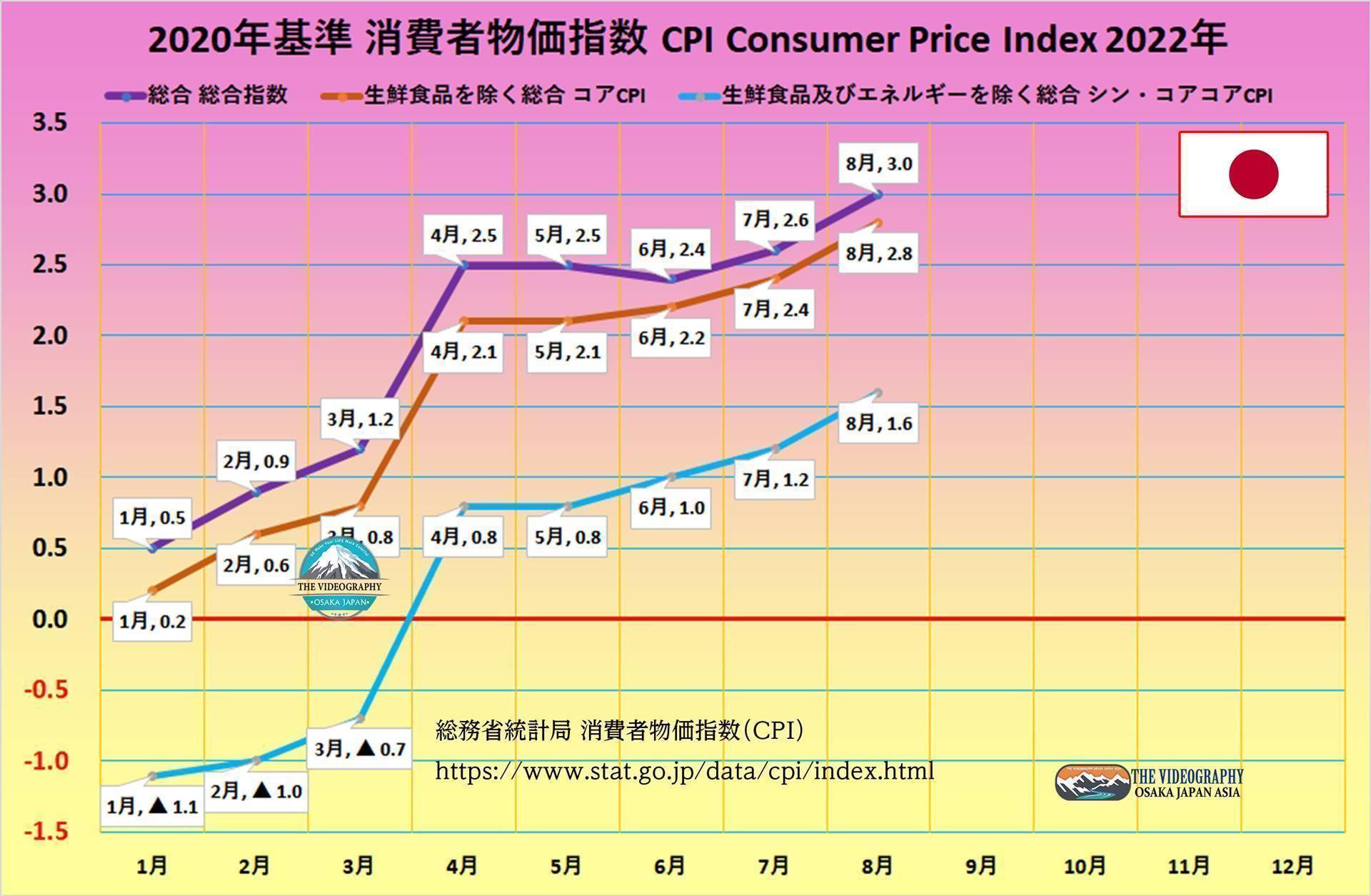 2020年基準での2022年の日本の消費者物価指数（CPI Consumer Price Index） (1) 総合指数は2020年を100として102.7 前年同月比は3.0％の上昇 前月比(季節調整値)は0.3％の上昇 (2) 生鮮食品を除く総合指数は102.5 前年同月比は2.8％の上昇 前月比(季節調整値)は0.4％の上昇 (3) 生鮮食品及びエネルギーを除く総合指数は100.9 前年同月比は1.6％の上昇 前月比(季節調整値)は0.2％の上昇