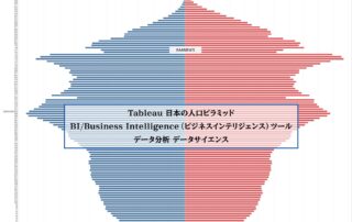 Tableau タブロー・日本の人口ピラミッド 年齢別 性差/男女別。BI/Business Intelligence（ビジネスインテリジェンス）ツール。日本の人口をグラフで表示。日本の年齢中央値は48.5歳前後。高齢者人口比率 29.1%。少子高齢化社会の日本。日本の総人口 1億2494万7千人・日本人人口 1億2203万1千人。