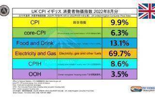 CPI 総合指数 9.9%. core-CPI / CPI exclude energy, food, alcohol & tobacco 「コアCPI・食料品など除外」 6.3%. Food and Drink / Food and non-alcoholic beverages 「食料品とノンアルコール飲料」 13.1%. Electricity and Gas / Electricity, gas and other fuels 69.7%. CPIH / including owner occupiers’ housing costs 「CPI＋住宅関連費用」 8.6%. OOH / Owner occupiers’ housing costs 「住宅関連費用」 3.5%. 