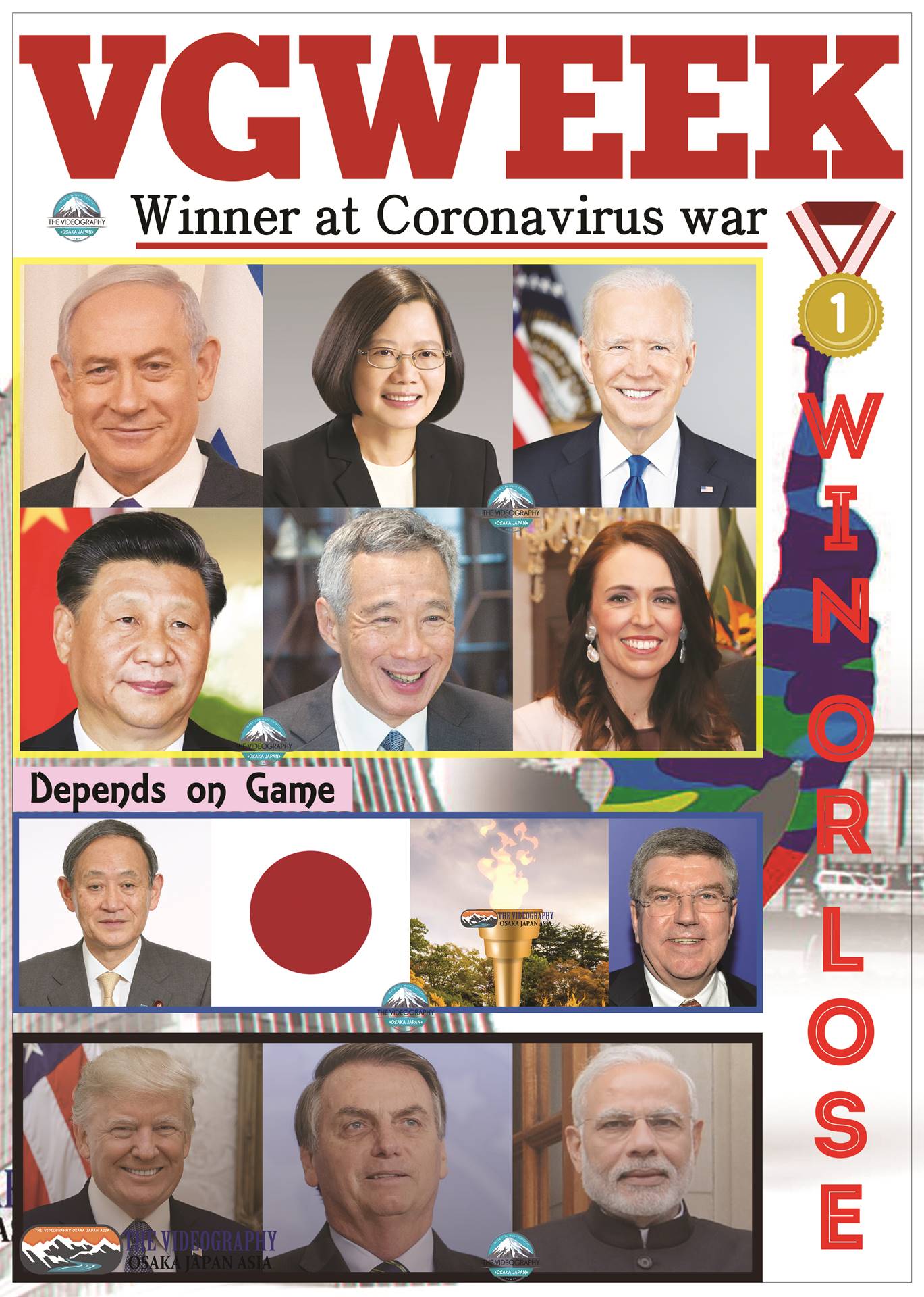 Win against Corona War・コロナ時代の勝者 ニューズウィーク風表紙 Newsweek style Cover. 第一次湾岸戦争の勝者と敗者を表現した雑誌 ニューズウィーク風表紙・パロディカバー